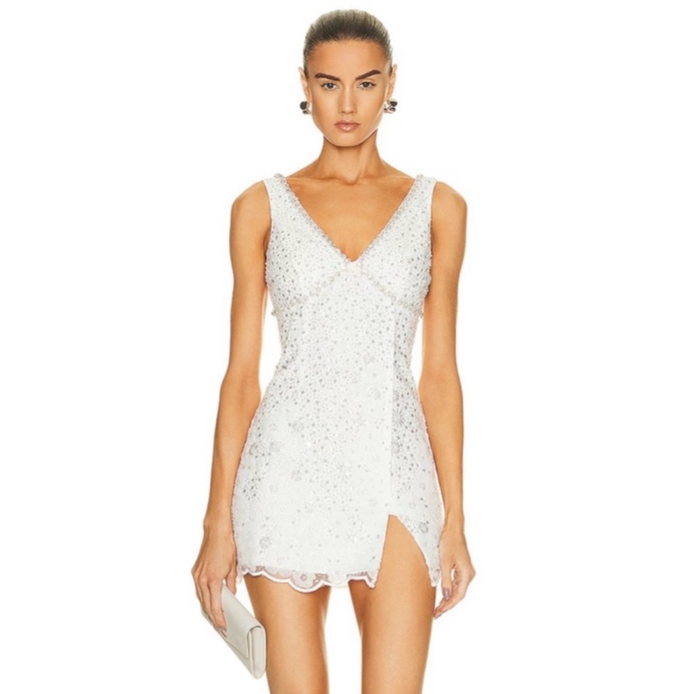 Self Portrait WHITE BEADED SEQUIN V-NECK MINI DRESS